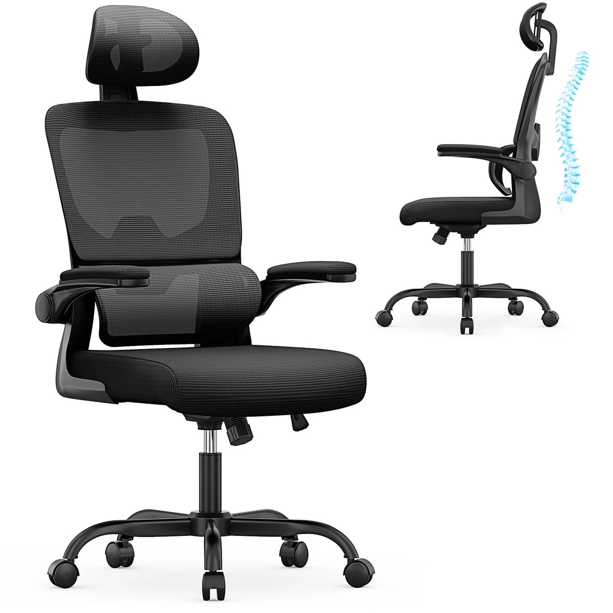 Ergonomic Office Chair with Lumbar Support, Home Office Desk Computer Chairs Adjustable Headrest and Flip-up Armrests