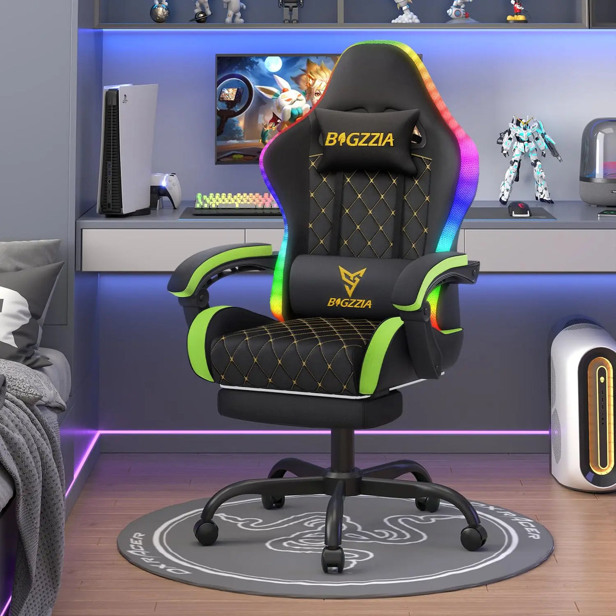 RGB Gaming Chair LED Lights and Ergonomic Computer Chair Reclining PU Leather High Back Video Game Chair with Footrest