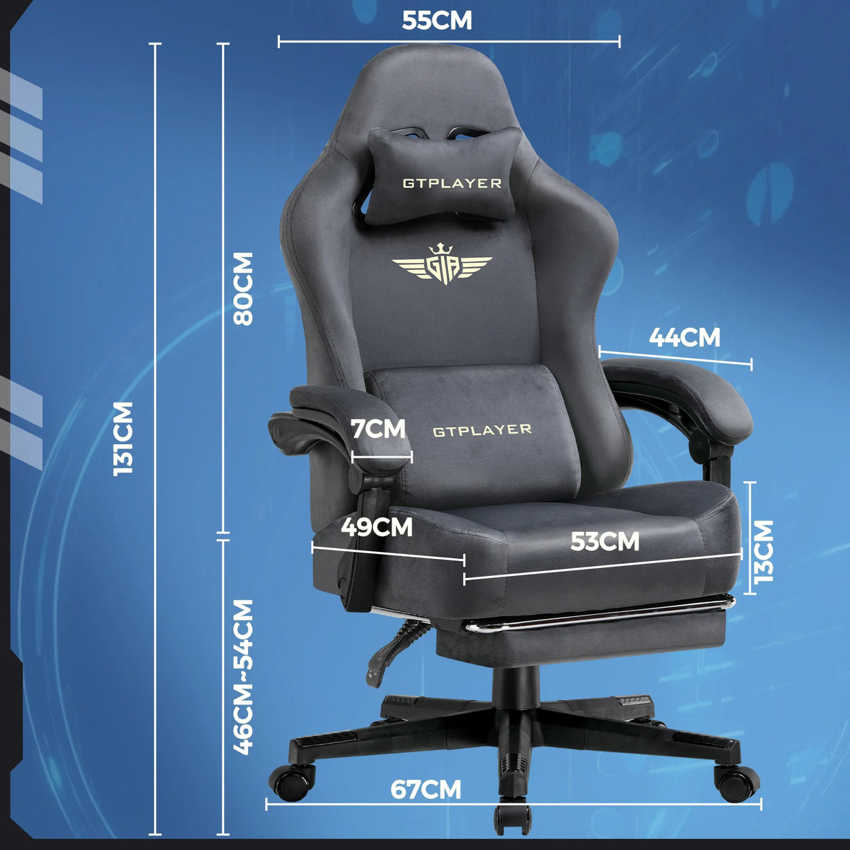 GTPLAYER Fabric Gaming Chair, Ergonomic Computer Chair with Footrest and Lumbar Support Height Adjustable Home Office Chair
