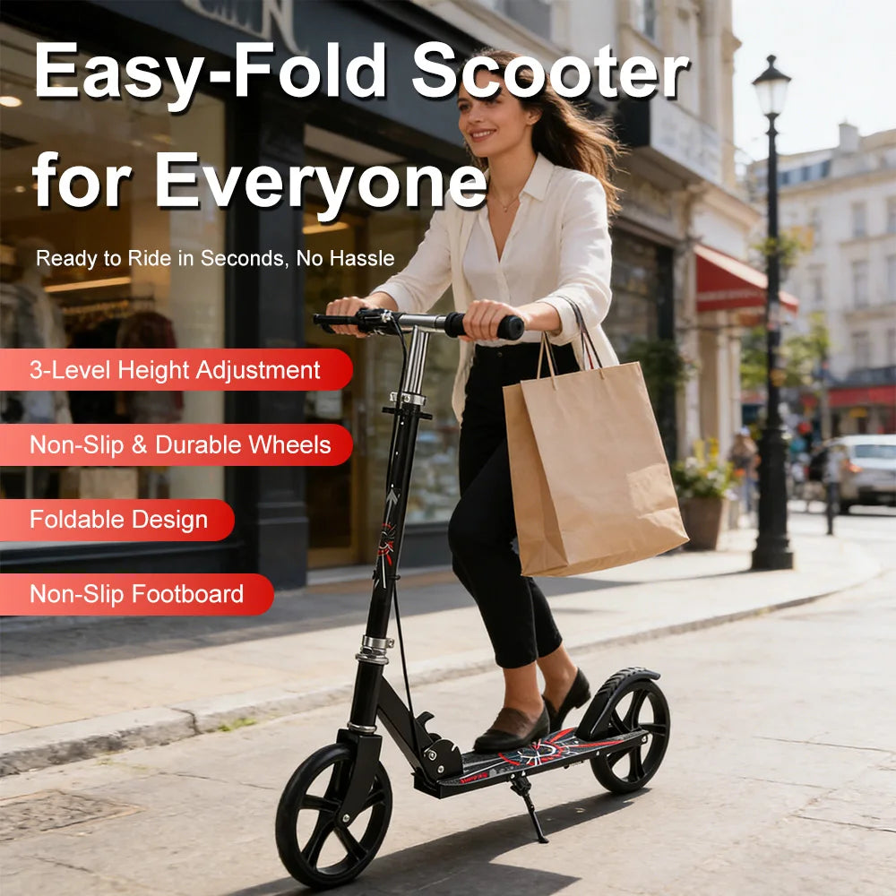 Foldable Commuter Scooter with Adjustable Handle Height Black Frame Rear Brake and Suspension for Kids Ages 6-12 And Adults