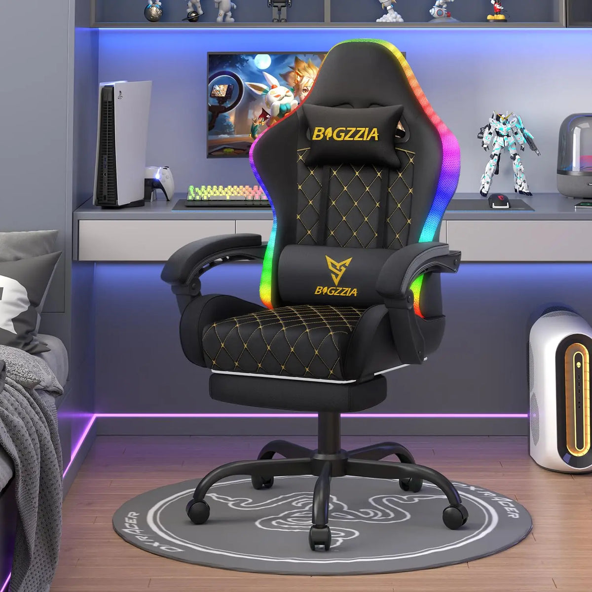 RGB Gaming Chair LED Lights and Ergonomic Computer Chair Reclining PU Leather High Back Video Game Chair with Footrest
