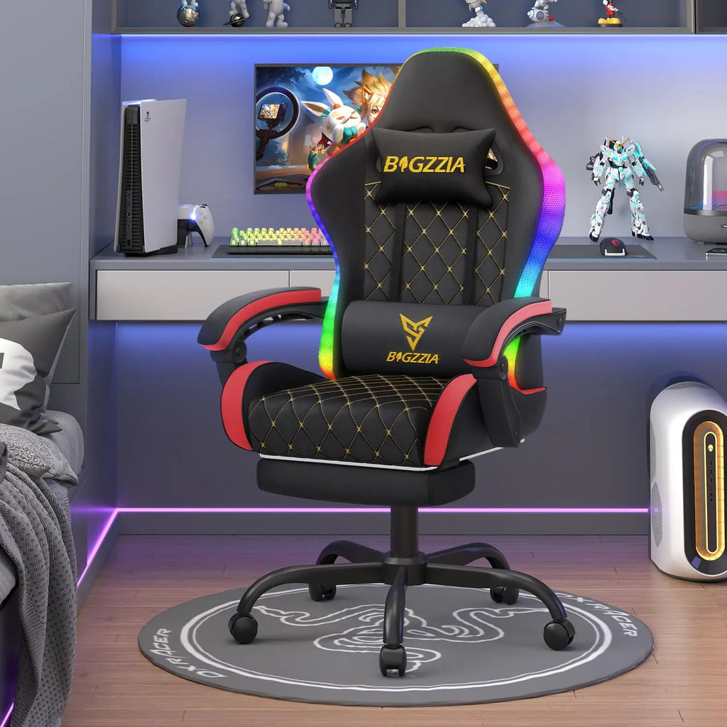 RGB Gaming Chair LED Lights and Ergonomic Computer Chair Reclining PU Leather High Back Video Game Chair with Footrest