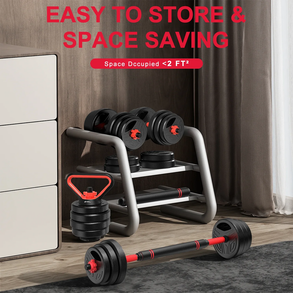 3-in-1 Dumbbells Set 20 kg Adjustable Dumbbells with Extra Barbell Bar Plastic-Coated Weight Plates Fitness Exercise Home Gym