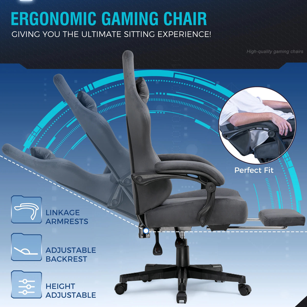 GTPLAYER Fabric Gaming Chair, Ergonomic Computer Chair with Footrest and Lumbar Support Height Adjustable Home Office Chair