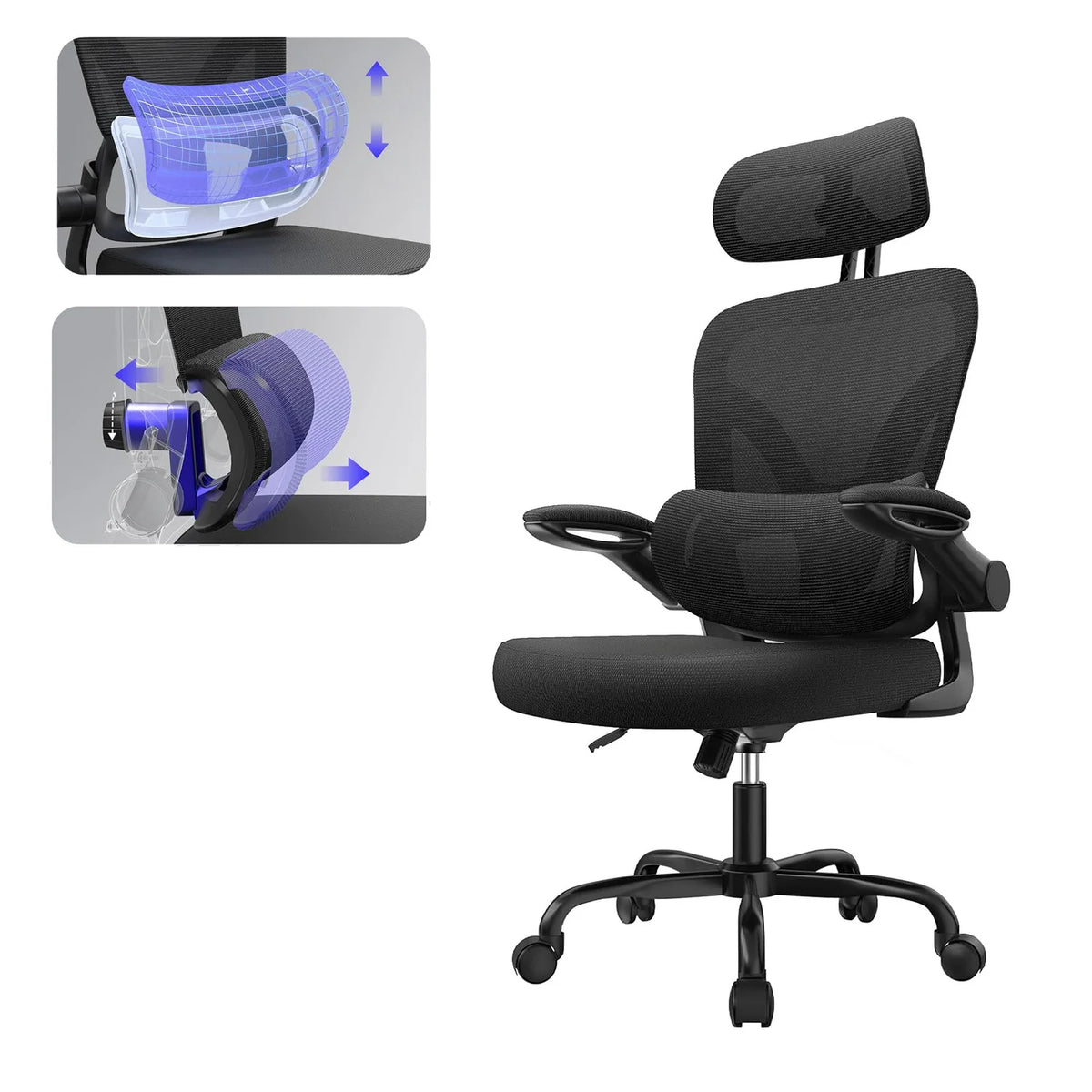 Ergonomic Office Chair with Lumbar Support, Home Office Desk Computer Chairs Adjustable Headrest and Flip-up Armrests
