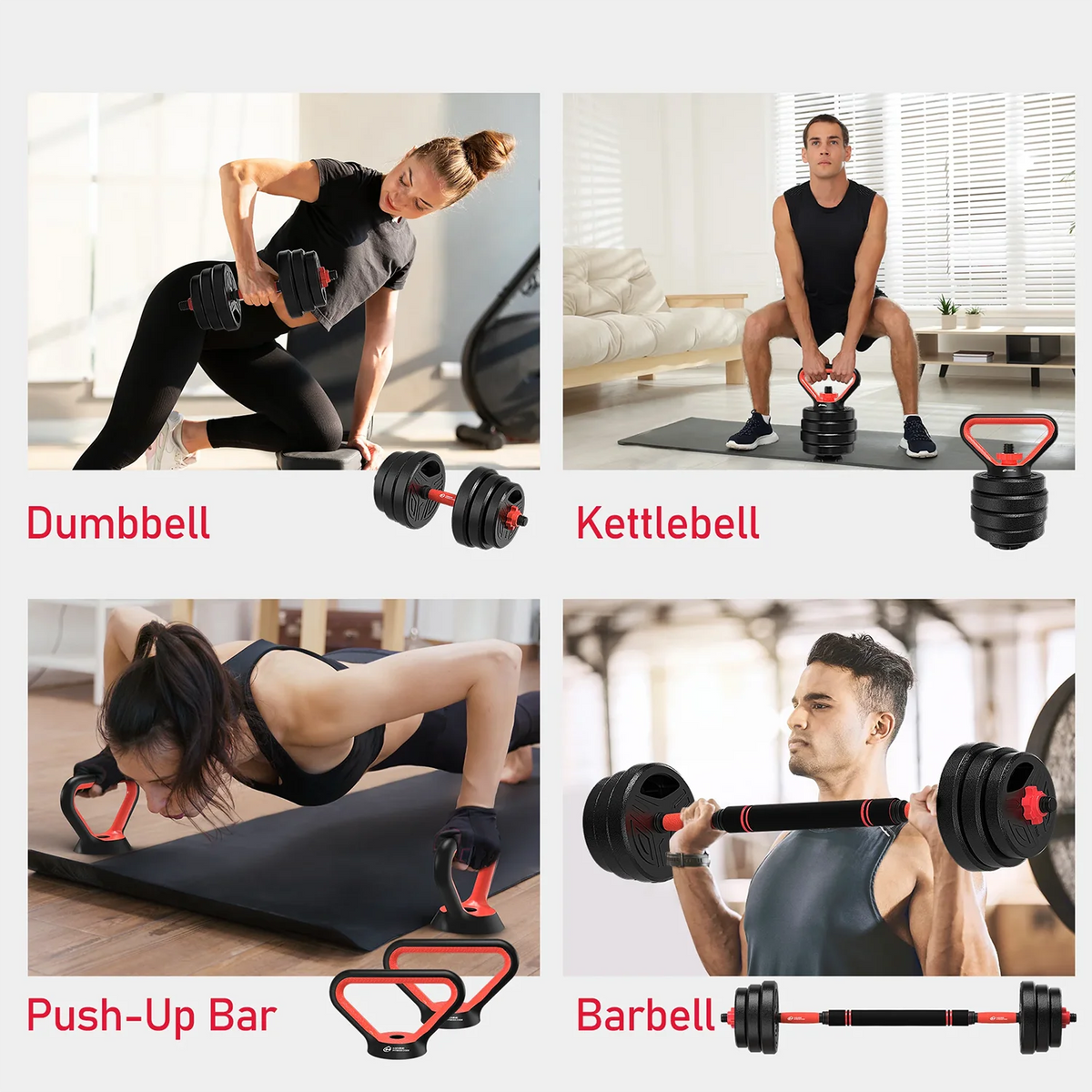 3-in-1 Dumbbells Set 20 kg Adjustable Dumbbells with Extra Barbell Bar Plastic-Coated Weight Plates Fitness Exercise Home Gym