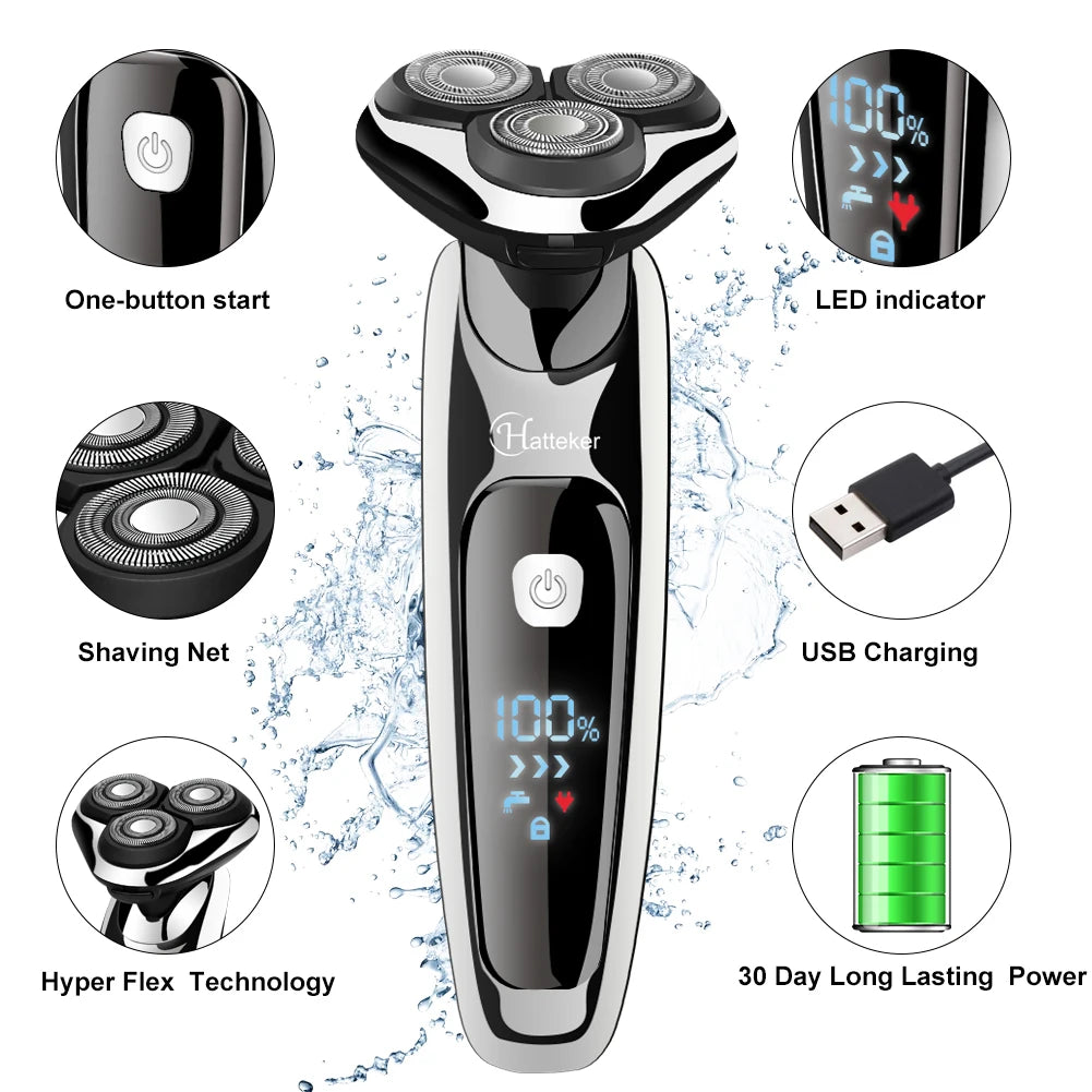 HATTEKER 3in1 Wet/Dry Powerful Electric Razor Men Body Beard Hair Trimmer Rechargeable Electric Shaver Face Shaving Machine Kit