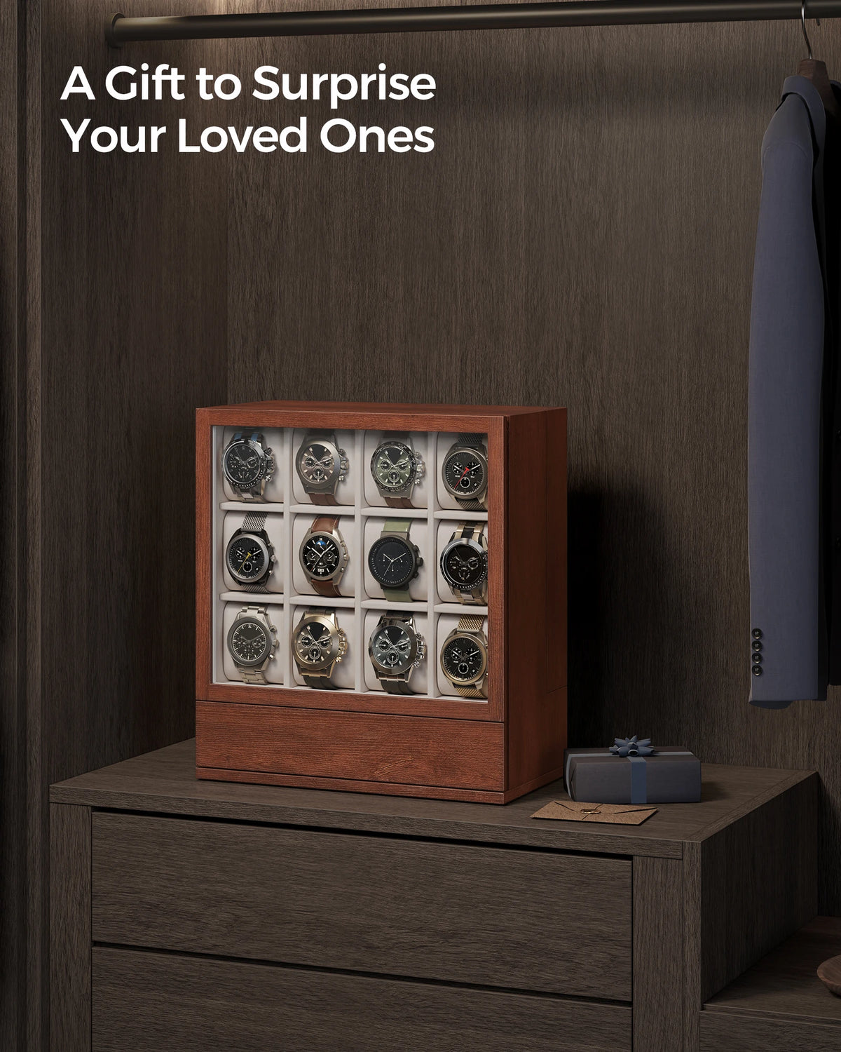 SONGMICS 12-Slot Wooden Watch Box, Watch Display Case with Window, Watch Display Cabinet with Solid Wood Veneer