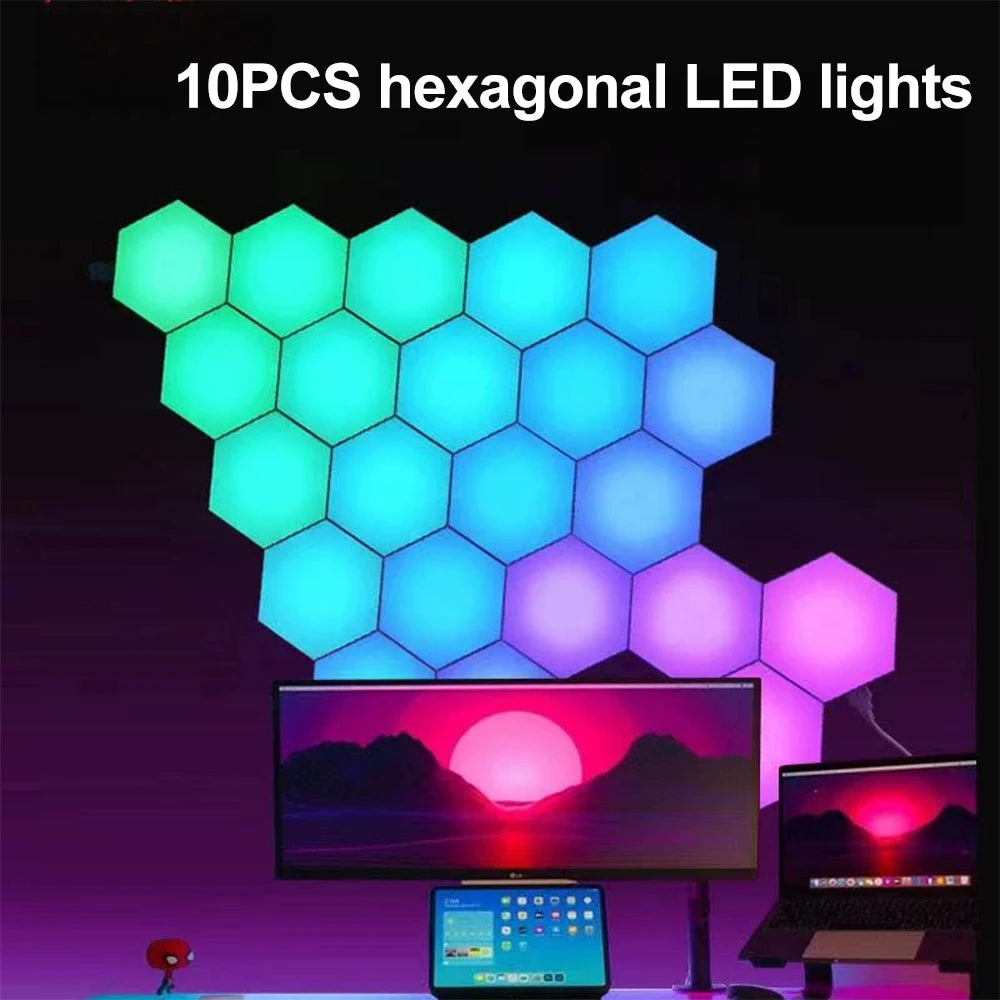 10Pcs DIY RGB Honeycomb Lights Bluetooth APP Control Color Changing LED Wall Lamp Magnetic Splicing Night Light With Remote Control for Bedroom Gaming Room Home Decor Christmas Party UK