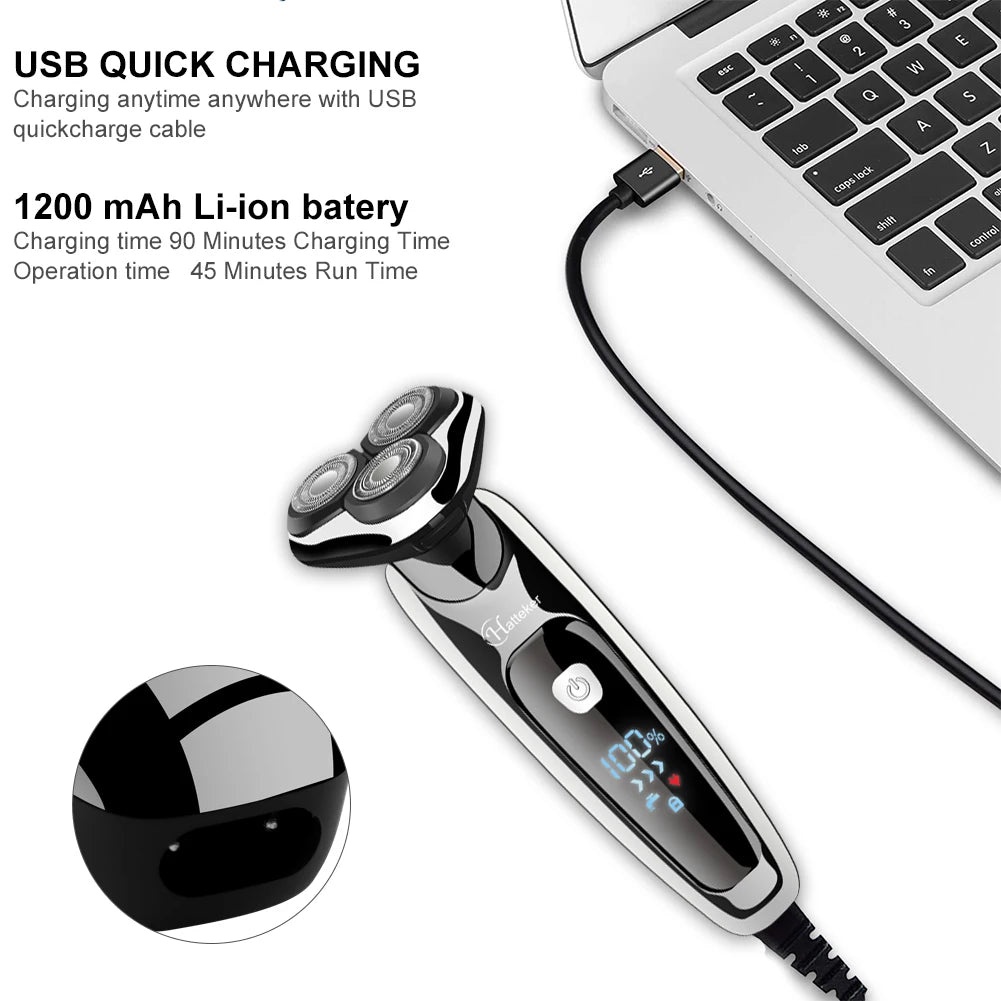 HATTEKER 3in1 Wet/Dry Powerful Electric Razor Men Body Beard Hair Trimmer Rechargeable Electric Shaver Face Shaving Machine Kit