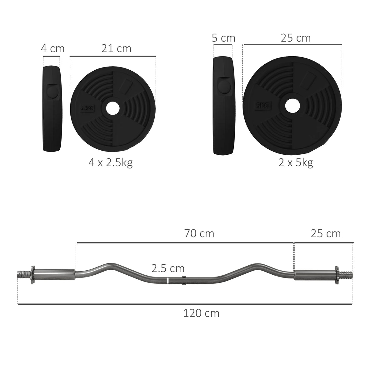 SPORTNOW 25kg Barbell Weights Set, Adjustable Gym Weights up to 80kg with 4ft Curl Bar and Non-slip Handle for Home Gym