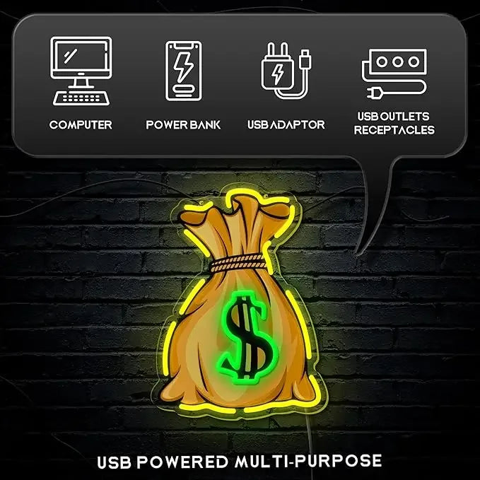 Money Bag Neon Sign USB Dimmable LED Neon Light Sign for Drink Bar Man Cave Bedroom Hotel Shop Garage Game Room Party Wall Decor