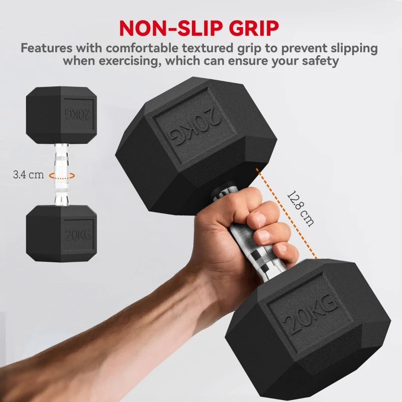 PINGGO 20KG Single Rubber Hex Dumbbell Portable Hand Weights Dumbbell Home Gym