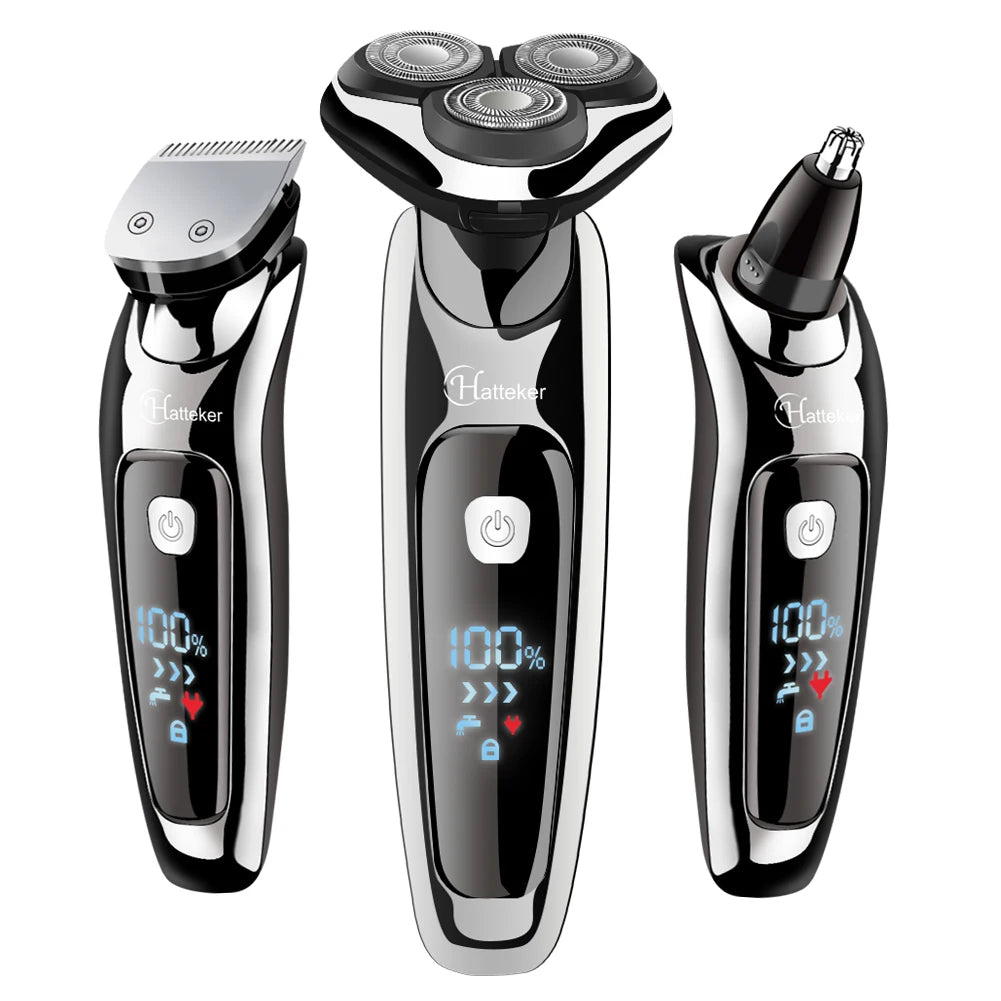 HATTEKER 3in1 Wet/Dry Powerful Electric Razor Men Body Beard Hair Trimmer Rechargeable Electric Shaver Face Shaving Machine Kit