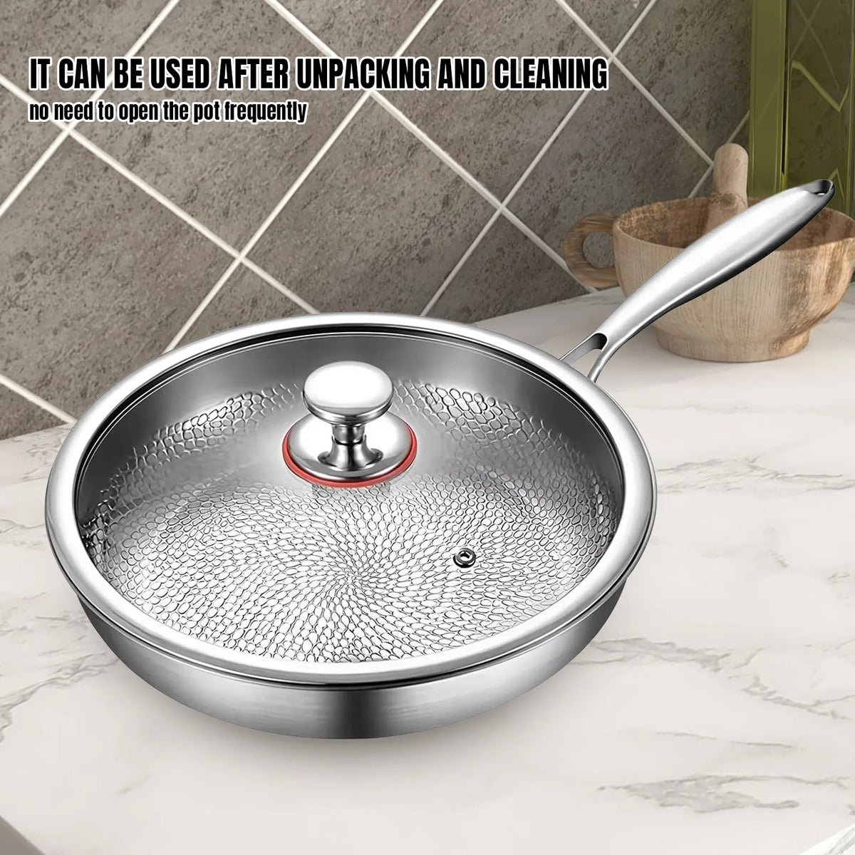 Titanium Non-stick Frying Pan with Lid Scratch-proof Three-layer Hammered Design Quick Uniform Warming Healthy Cooking For All Stove Types