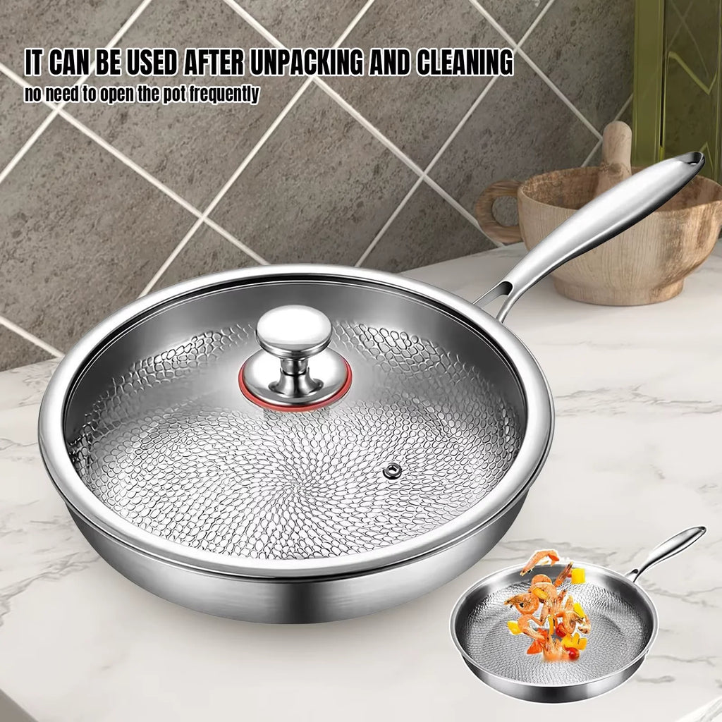 Titanium Non-stick Frying Pan with Lid Scratch-proof Three-layer Hammered Design Quick Uniform Warming Healthy Cooking For All Stove Types