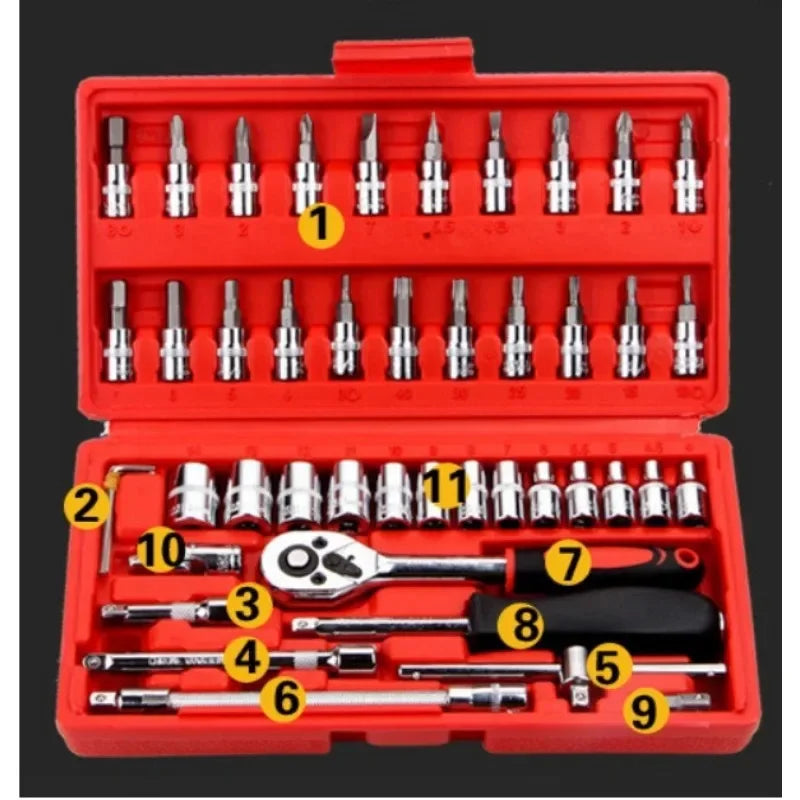 46pcs/Set 1/4 Inch Drive Socket Ratchet Wrench Set Automobile Maintenance Tool Socket Wrench Combination Hardware Tool Car Tools