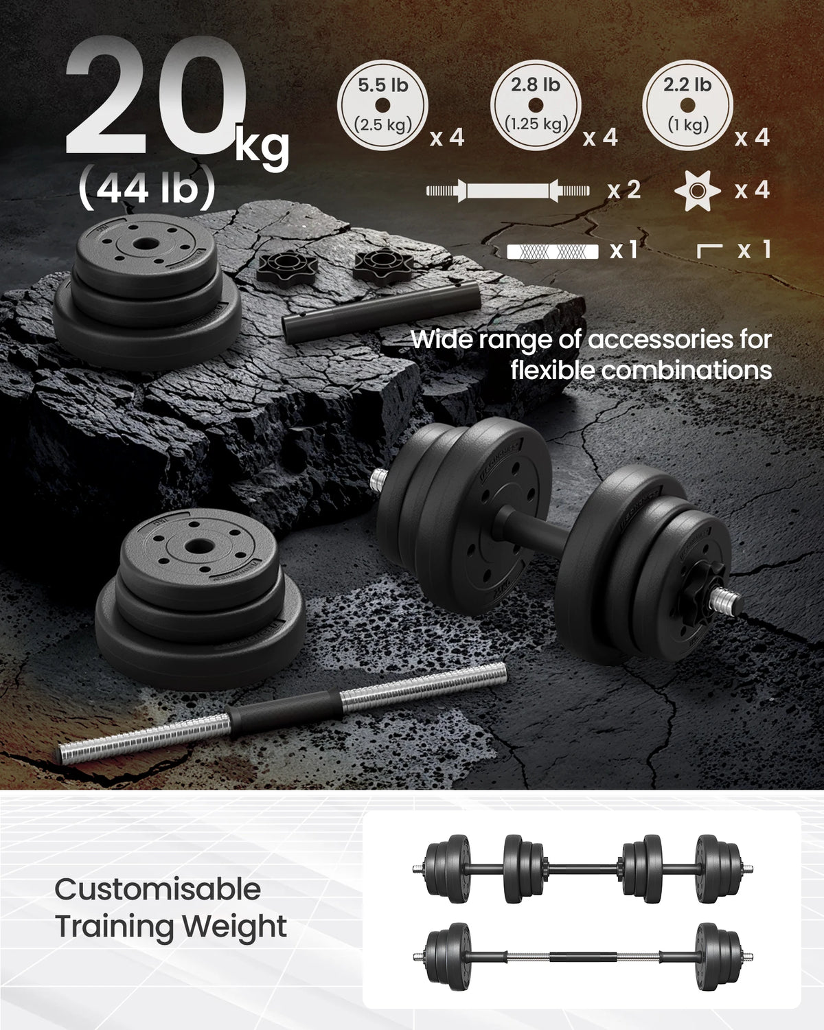 SONGMICS 2-in-1 Dumbbells Set, 2 x 10 kg Adjustable Dumbbells with Extra Barbell Bar, Plastic-Coated Weight Plates, Fitness Exer