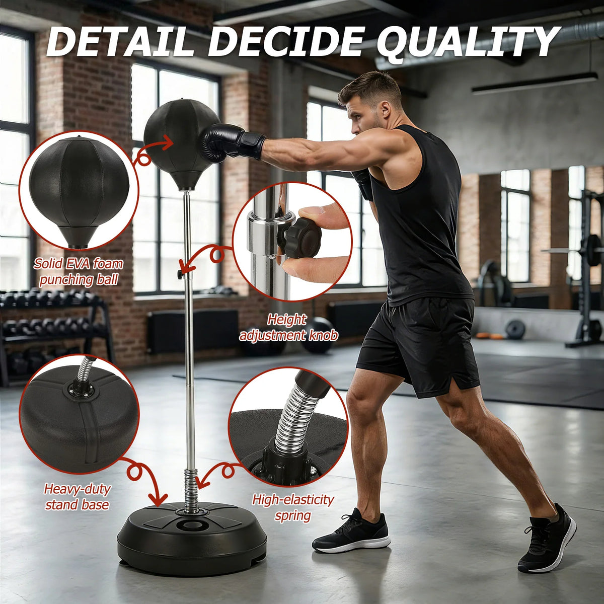 Freestanding Punching Bag with Adjustable Height, EVA Foam Boxing Ball, Spring Loaded Stand, Stable HDPE Base for Training Stress Relief, Home Gym Cardio Workout