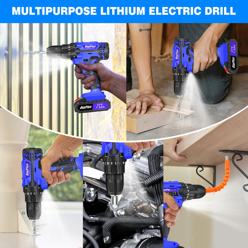 Cordless Drill Kit Electric Screwdriver Kit, 45Nm Cordless Combination Drill, LED Work Light, Home and Garden DIY Project Kit