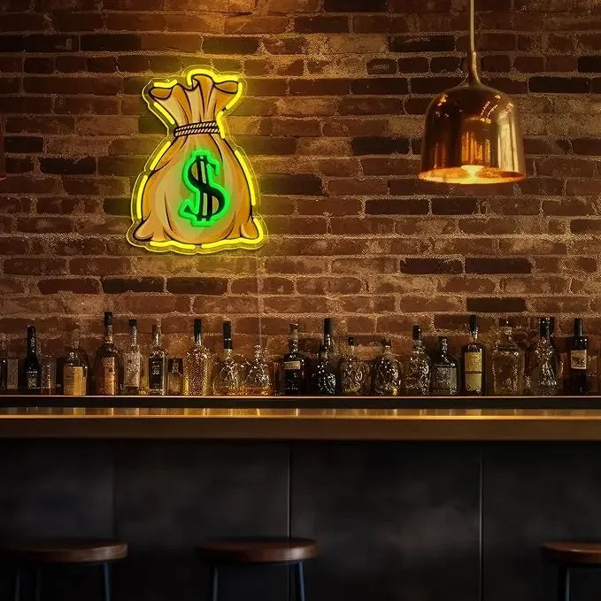 Money Bag Neon Sign USB Dimmable LED Neon Light Sign for Drink Bar Man Cave Bedroom Hotel Shop Garage Game Room Party Wall Decor