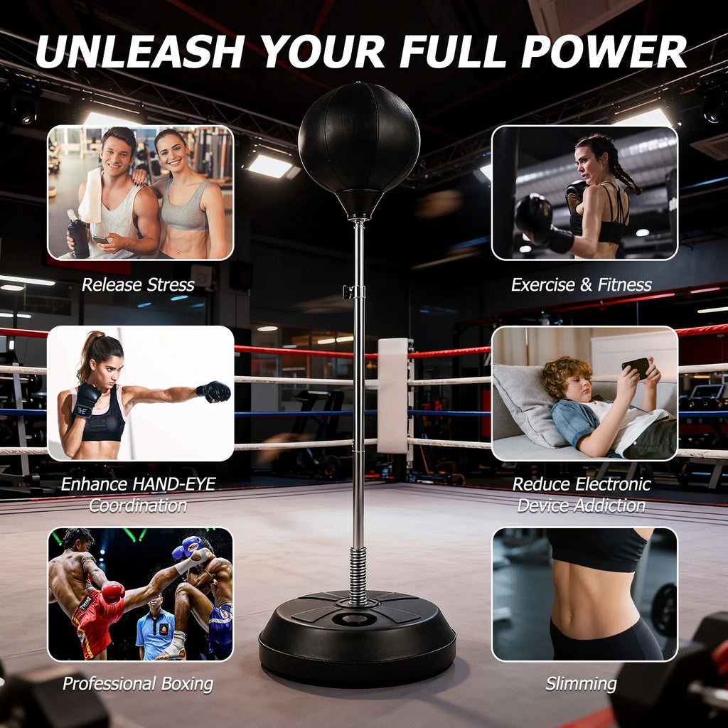Freestanding Punching Bag with Adjustable Height, EVA Foam Boxing Ball, Spring Loaded Stand, Stable HDPE Base for Training Stress Relief, Home Gym Cardio Workout