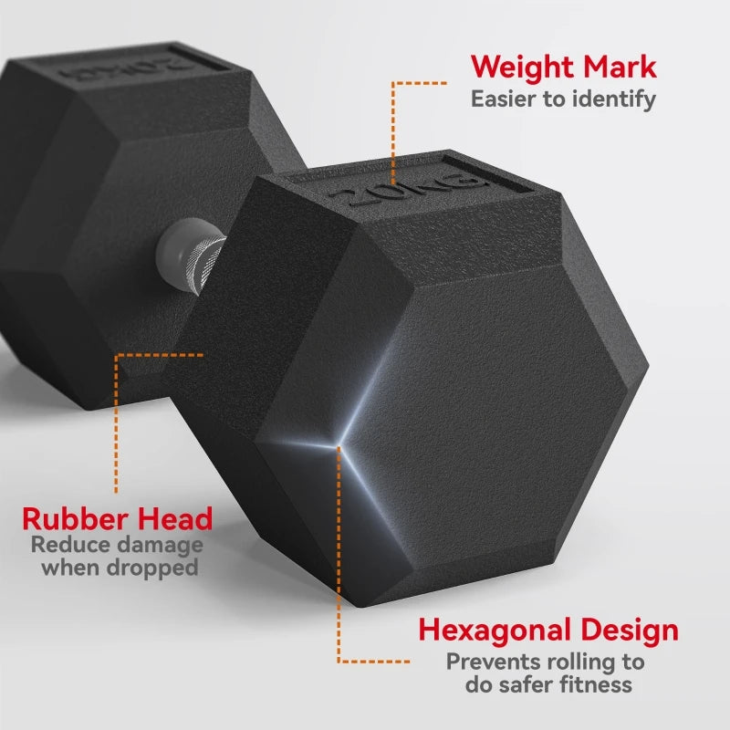 PINGGO 20KG Single Rubber Hex Dumbbell Portable Hand Weights Dumbbell Home Gym