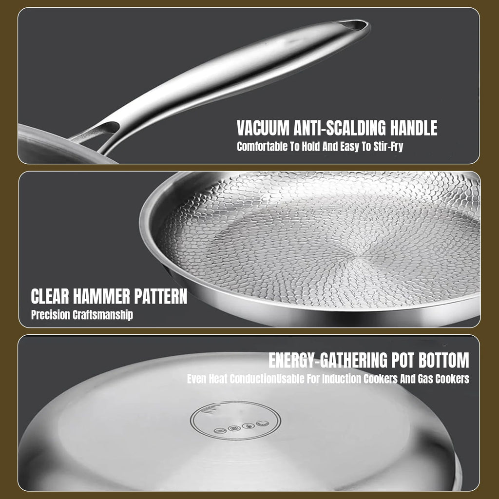Titanium Non-stick Frying Pan with Lid Scratch-proof Three-layer Hammered Design Quick Uniform Warming Healthy Cooking For All Stove Types