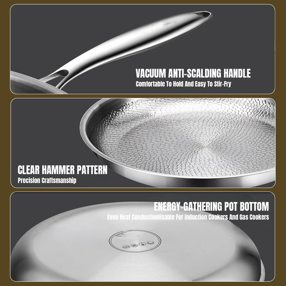 Titanium Non-stick Frying Pan with Lid Scratch-proof Three-layer Hammered Design Quick Uniform Warming Healthy Cooking For All Stove Types