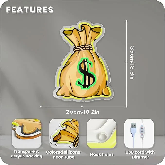 Money Bag Neon Sign USB Dimmable LED Neon Light Sign for Drink Bar Man Cave Bedroom Hotel Shop Garage Game Room Party Wall Decor