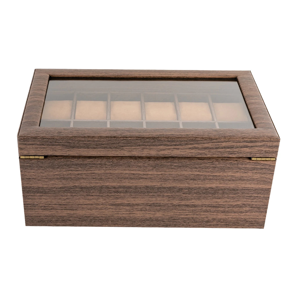 24-Bit Watch Box, 2-Tier Rustic Brown Watch Display Case with Glass Window, Tabletop Jewelry Storage Organizer for Men & Women