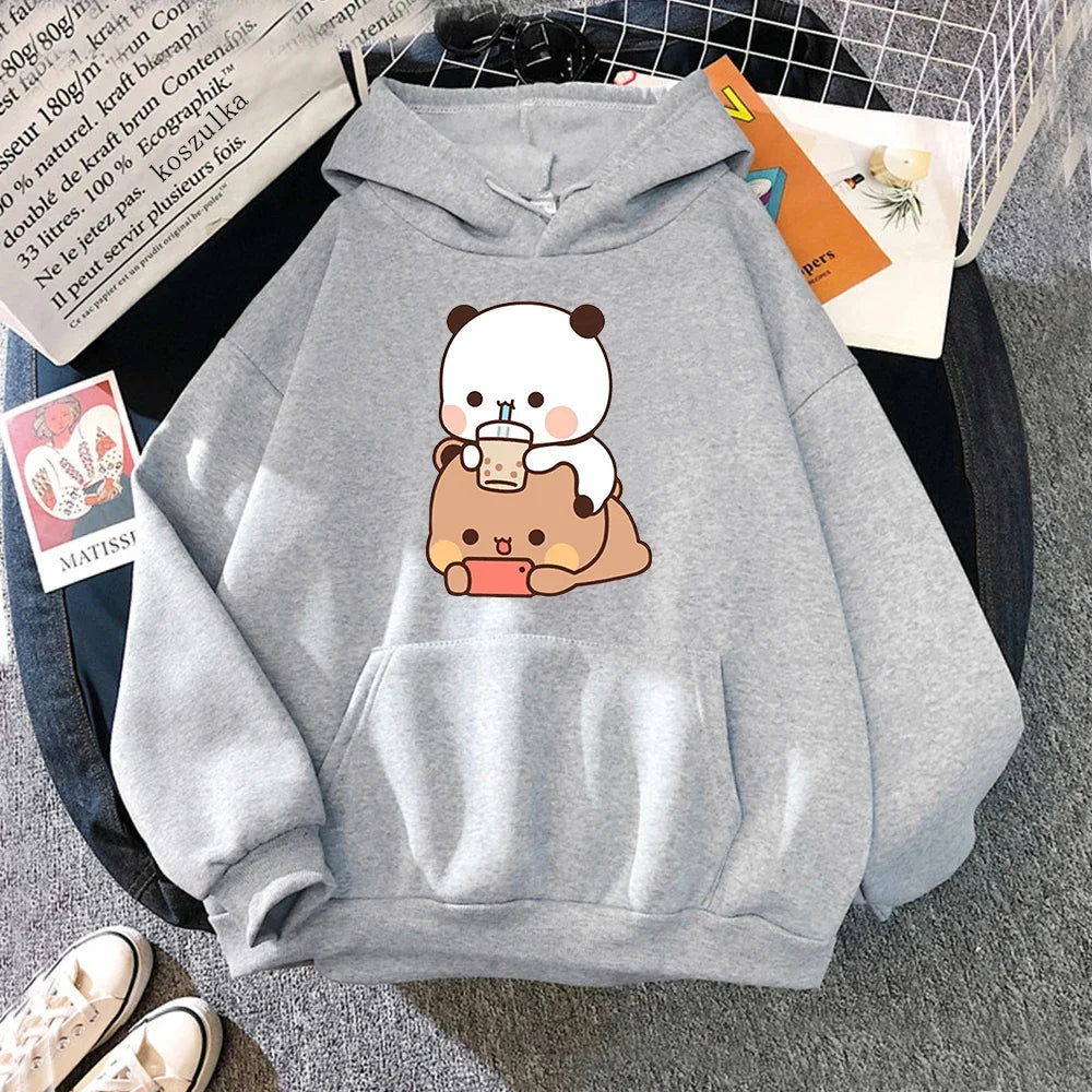 Bubu And Dudu Drink Bubble Tea Print Women Hoodie Kawaii Female Sweatshirt