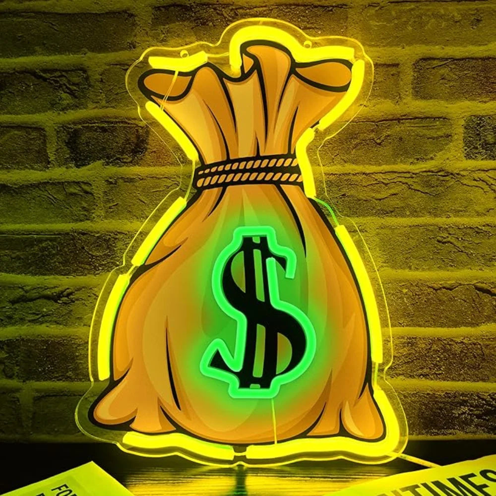 Money Bag Neon Sign USB Dimmable LED Neon Light Sign for Drink Bar Man Cave Bedroom Hotel Shop Garage Game Room Party Wall Decor