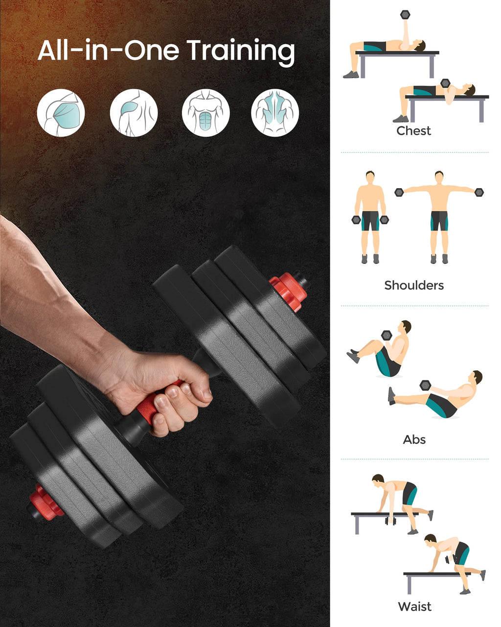 SONGMICS Dumbbell Set, 10 kg Weights with Connecting Bar, Hexagon, Adjustable Weight Plates, for Men Women Workout