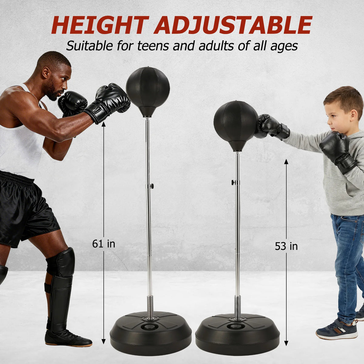 Freestanding Punching Bag with Adjustable Height, EVA Foam Boxing Ball, Spring Loaded Stand, Stable HDPE Base for Training Stress Relief, Home Gym Cardio Workout