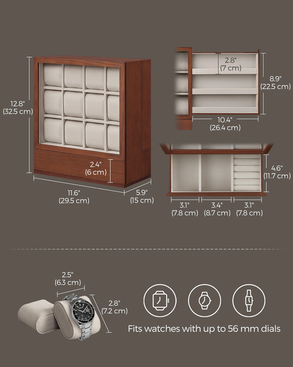 SONGMICS 12-Slot Wooden Watch Box, Watch Display Case with Window, Watch Display Cabinet with Solid Wood Veneer