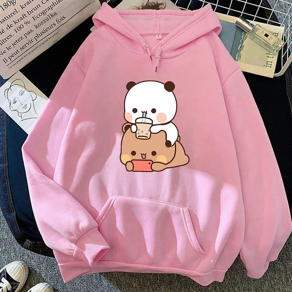 Bubu And Dudu Drink Bubble Tea Print Women Hoodie Kawaii Female Sweatshirt