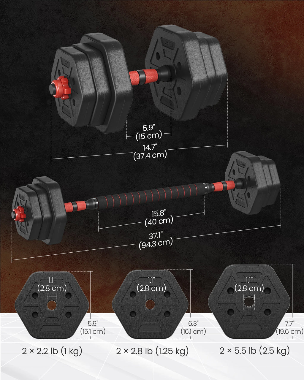 SONGMICS Dumbbell Set, 10 kg Weights with Connecting Bar, Hexagon, Adjustable Weight Plates, for Men Women Workout