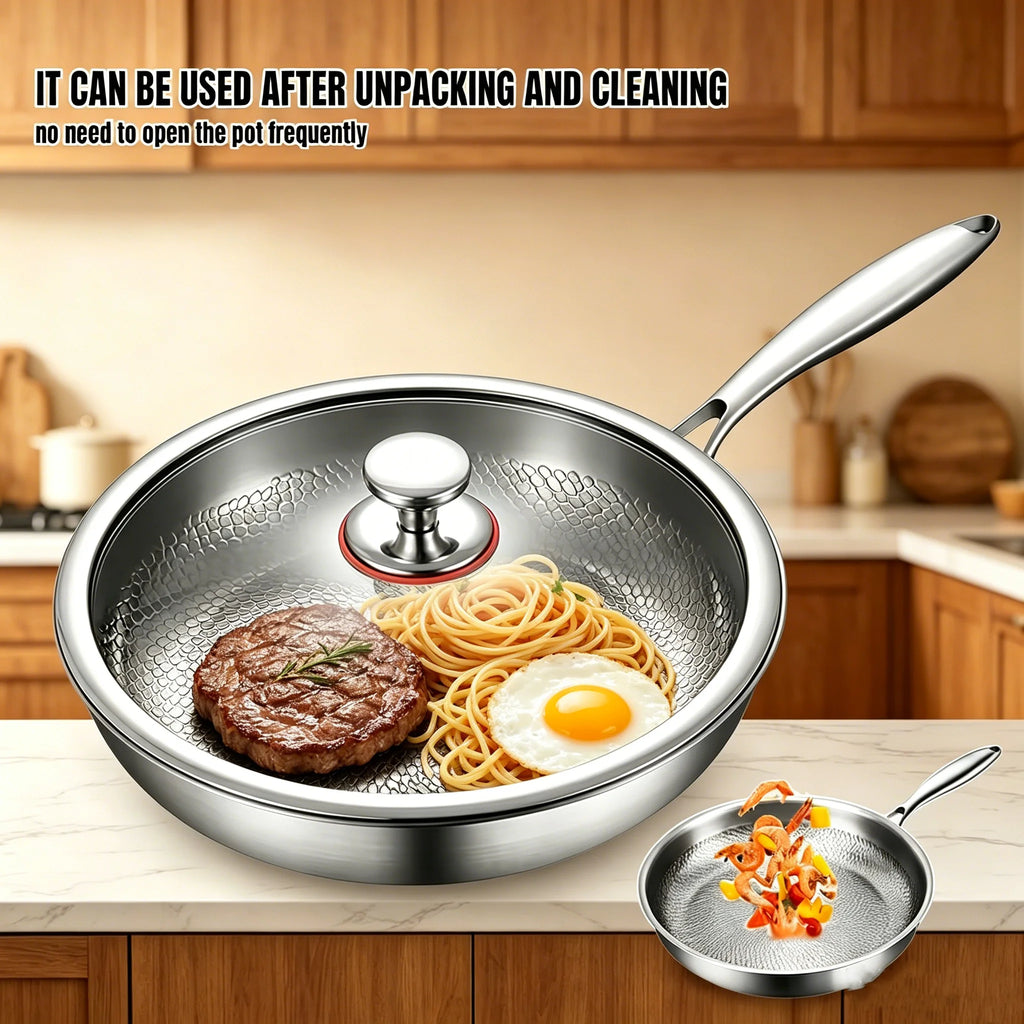 Titanium Non-stick Frying Pan with Lid Scratch-proof Three-layer Hammered Design Quick Uniform Warming Healthy Cooking For All Stove Types