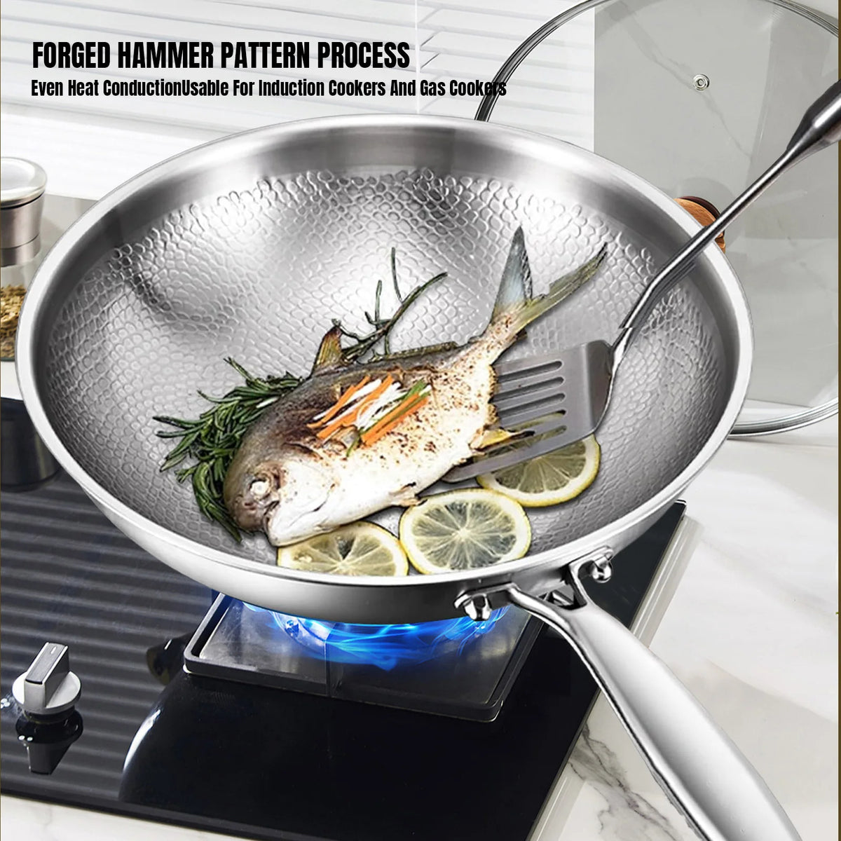 Titanium Non-stick Frying Pan with Lid Scratch-proof Three-layer Hammered Design Quick Uniform Warming Healthy Cooking For All Stove Types