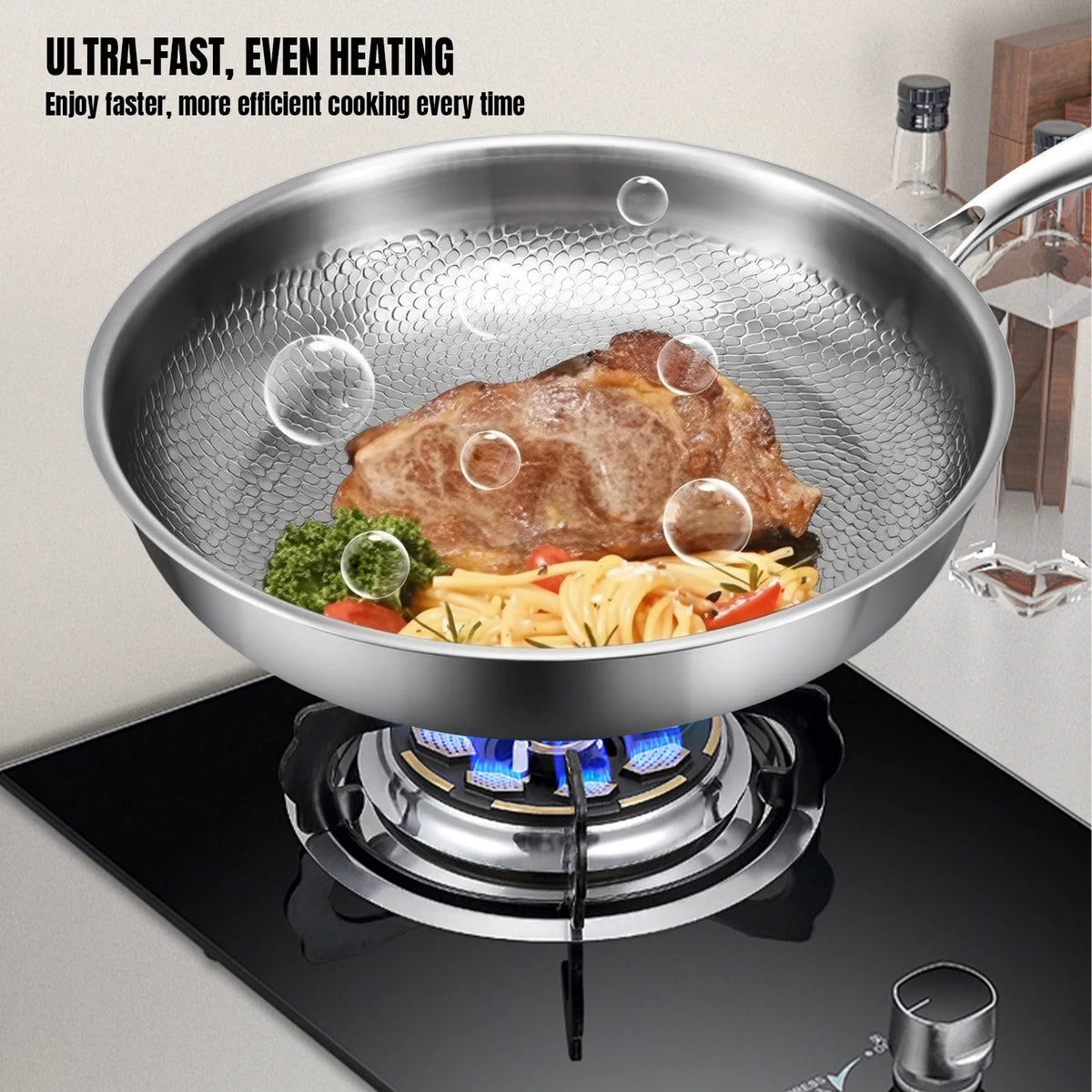 Titanium Non-stick Frying Pan with Lid Scratch-proof Three-layer Hammered Design Quick Uniform Warming Healthy Cooking For All Stove Types