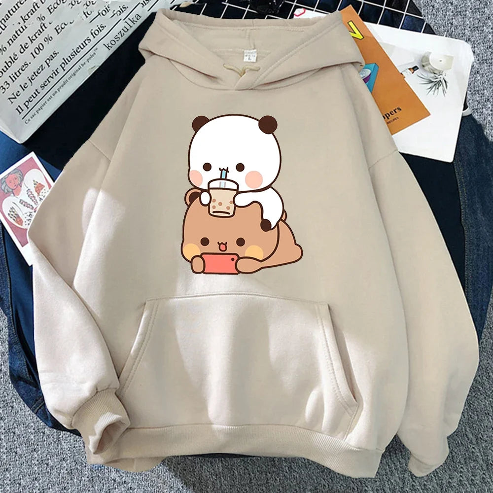 Bubu And Dudu Drink Bubble Tea Print Women Hoodie Kawaii Female Sweatshirt