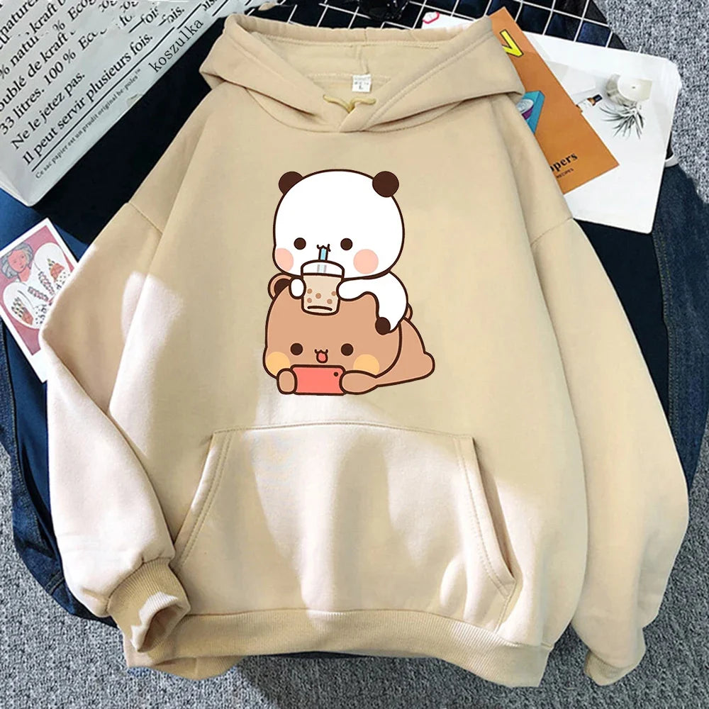 Bubu And Dudu Drink Bubble Tea Print Women Hoodie Kawaii Female Sweatshirt