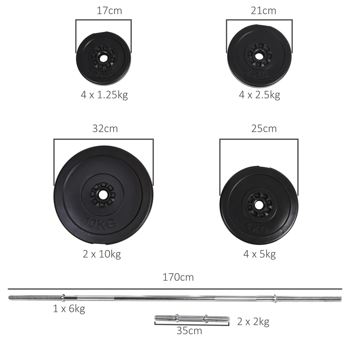HOMCOM 65kg Adjustable Barbell Weights Set, 2-in-1 Dumbbells and Barbell Set with Knurled Bar, Free Weights Training Equipment