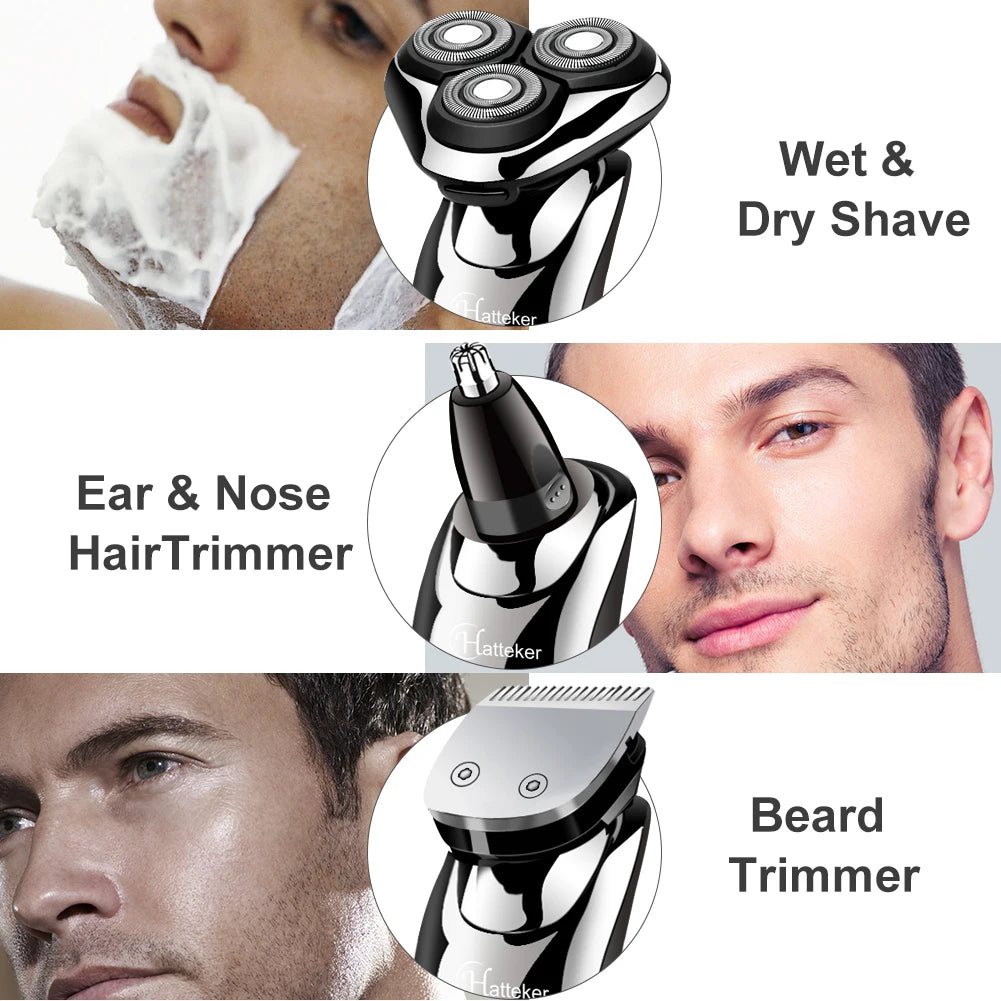 HATTEKER 3in1 Wet/Dry Powerful Electric Razor Men Body Beard Hair Trimmer Rechargeable Electric Shaver Face Shaving Machine Kit