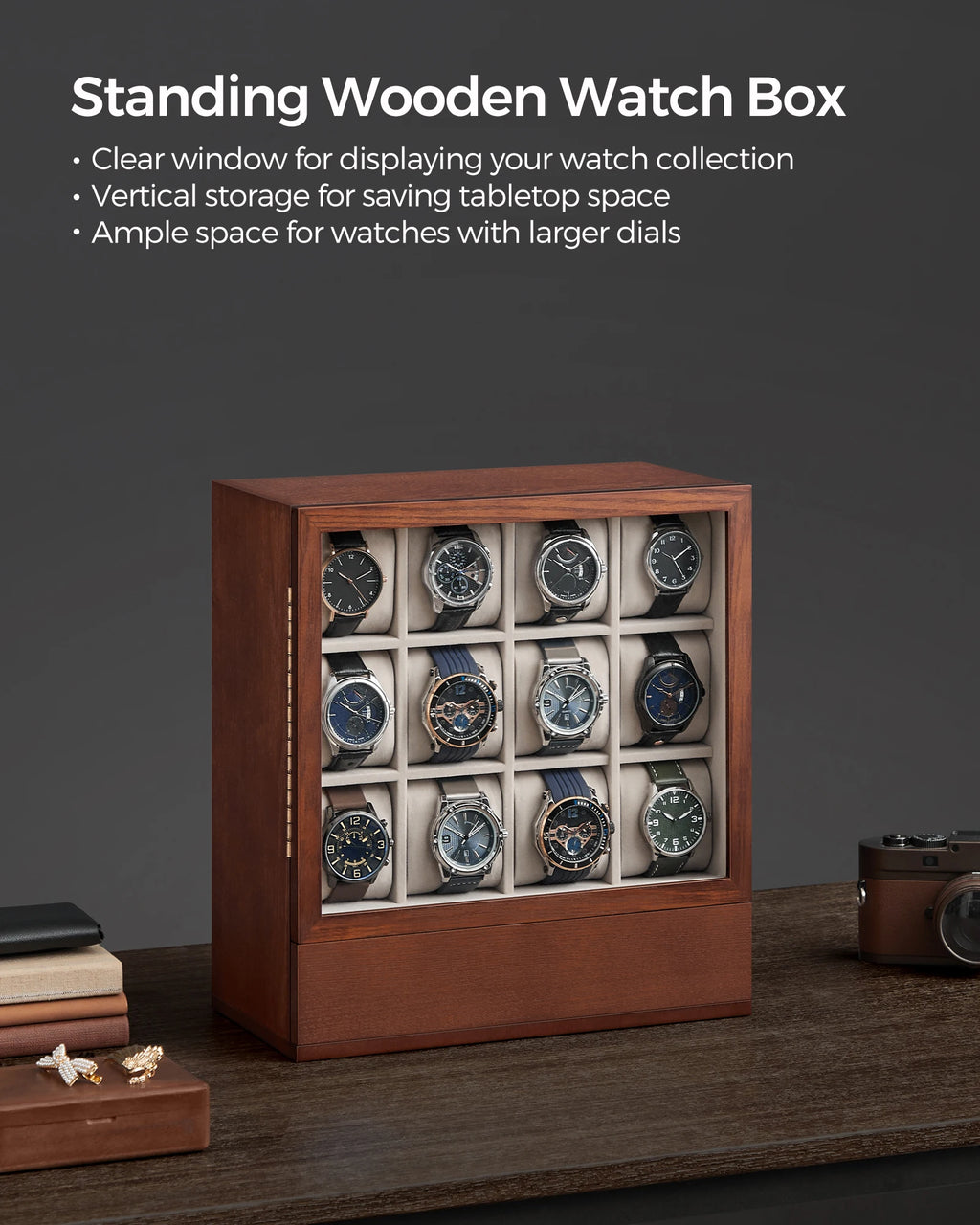 SONGMICS 12-Slot Wooden Watch Box, Watch Display Case with Window, Watch Display Cabinet with Solid Wood Veneer