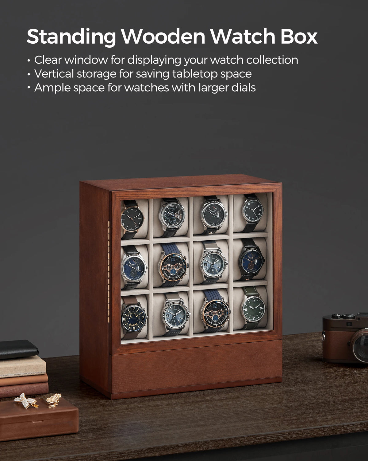 SONGMICS 12-Slot Wooden Watch Box, Watch Display Case with Window, Watch Display Cabinet with Solid Wood Veneer