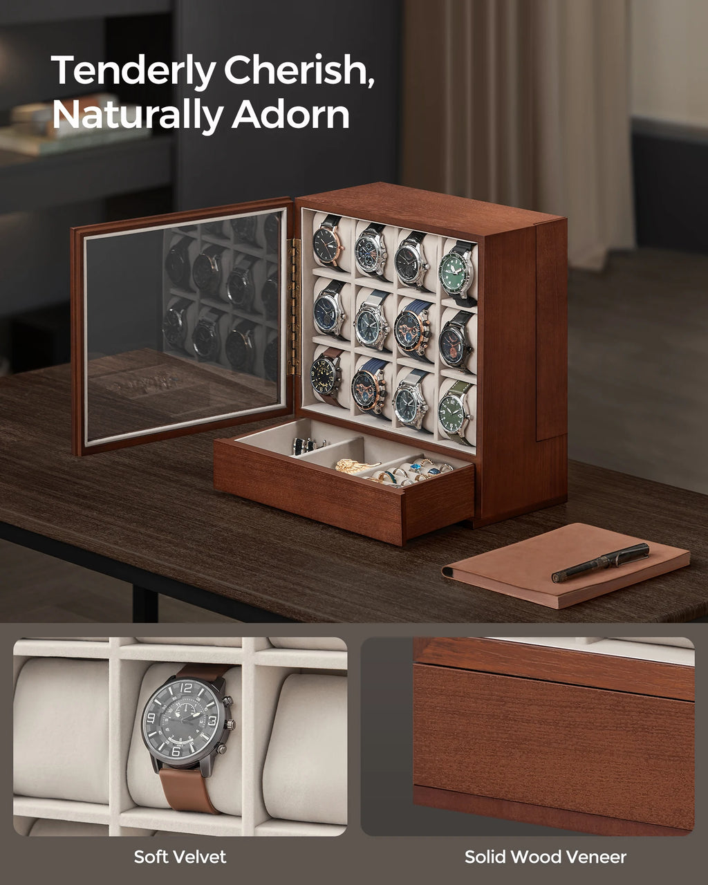 SONGMICS 12-Slot Wooden Watch Box, Watch Display Case with Window, Watch Display Cabinet with Solid Wood Veneer