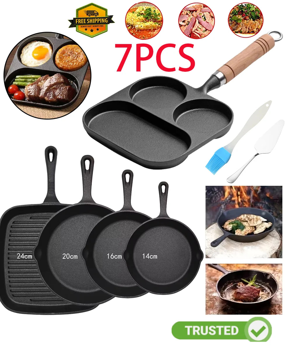 Pre-Seasoned Cast Iron Skillet Frying Pan Oven Safe Cookware for Indoor and Outdoor Use - Grill, Stovetop, Black - 7pcs
