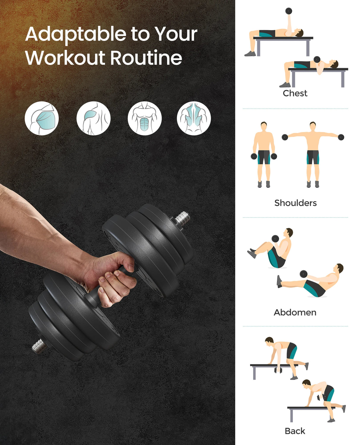 SONGMICS 2-in-1 Dumbbells Set, 2 x 10 kg Adjustable Dumbbells with Extra Barbell Bar, Plastic-Coated Weight Plates, Fitness Exer